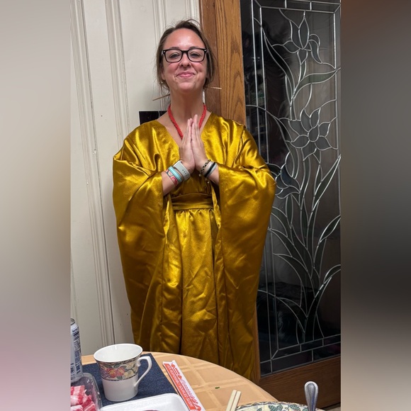 Lauren of Palm Springs Custom Gold Crinkled Satin Caftan Dress Kaftan S/M - Picture 13 of 13